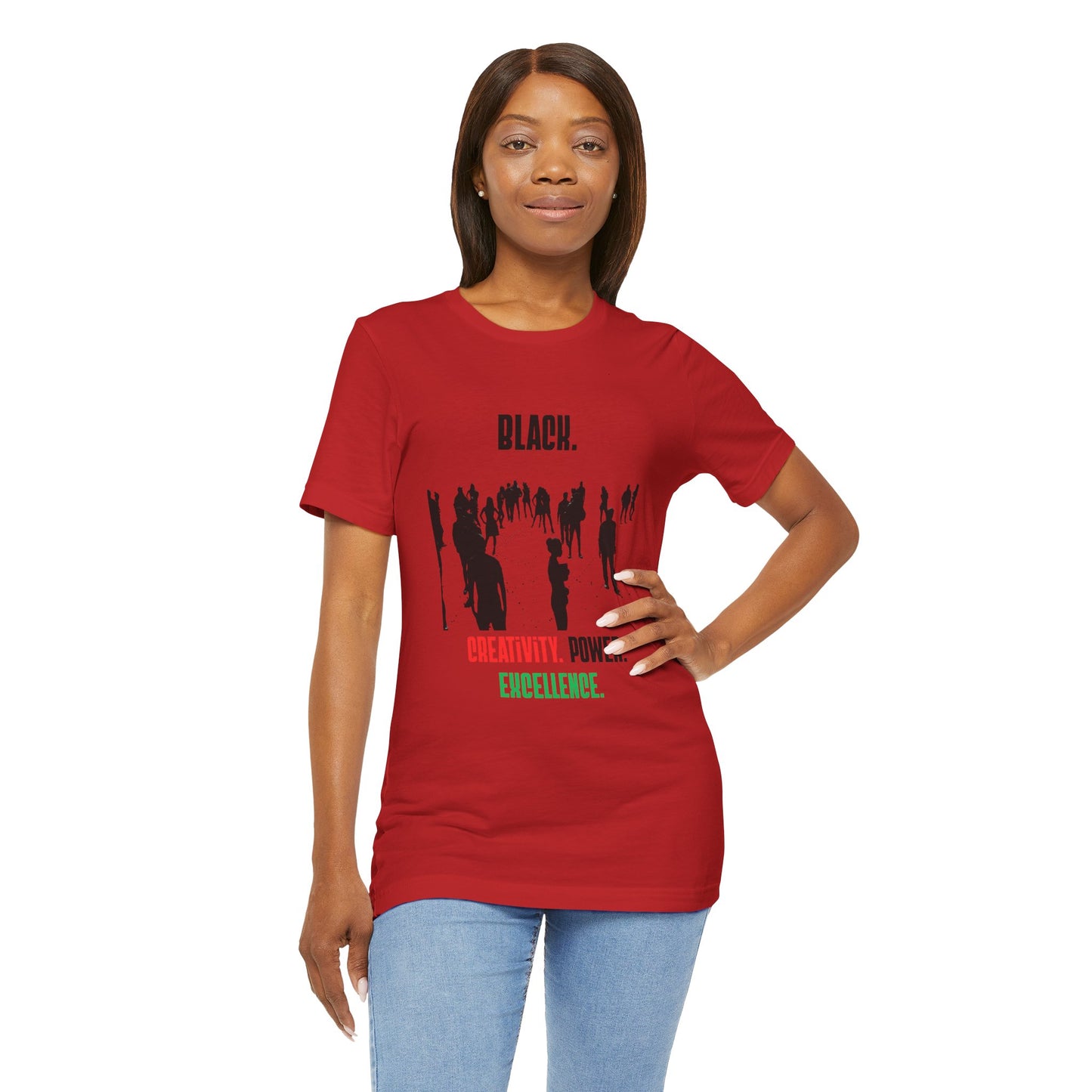 Unisex "Black. Creativity. Power. Excellence." T-Shirt Red, Black and Green text