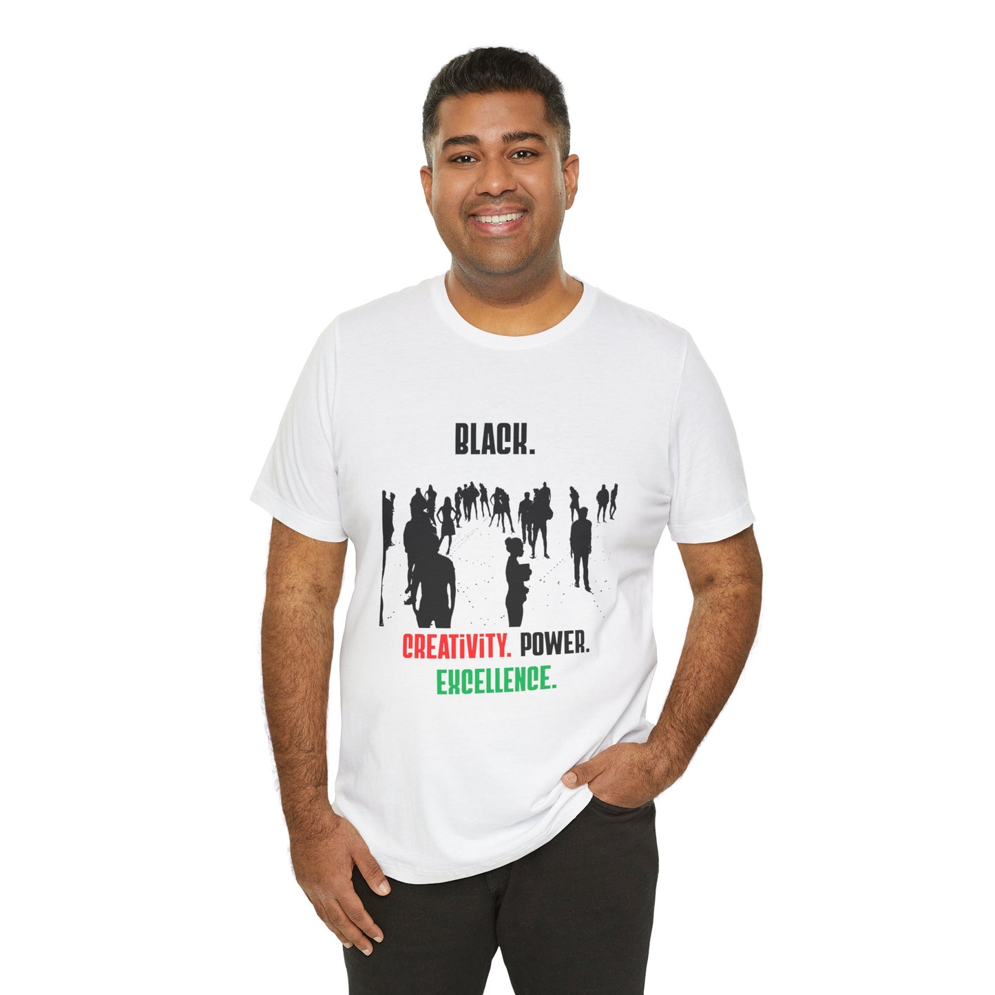 Unisex "Black. Creativity. Power. Excellence." T-Shirt Red, Black and Green text