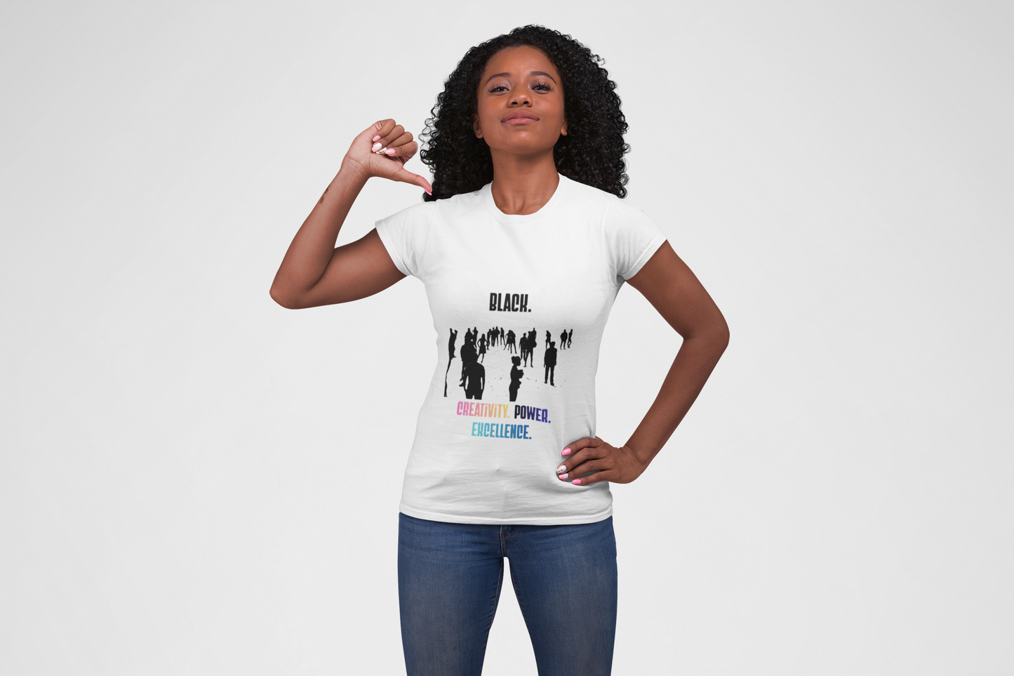 Ladies' Black. Creativity. Power. Excellence. Tee Multicolor text