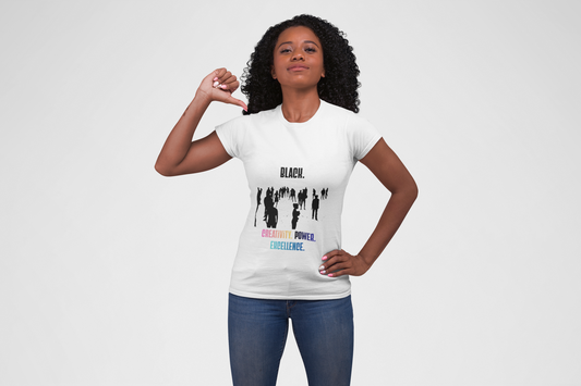 Ladies' Black. Creativity. Power. Excellence. Tee Multicolor text