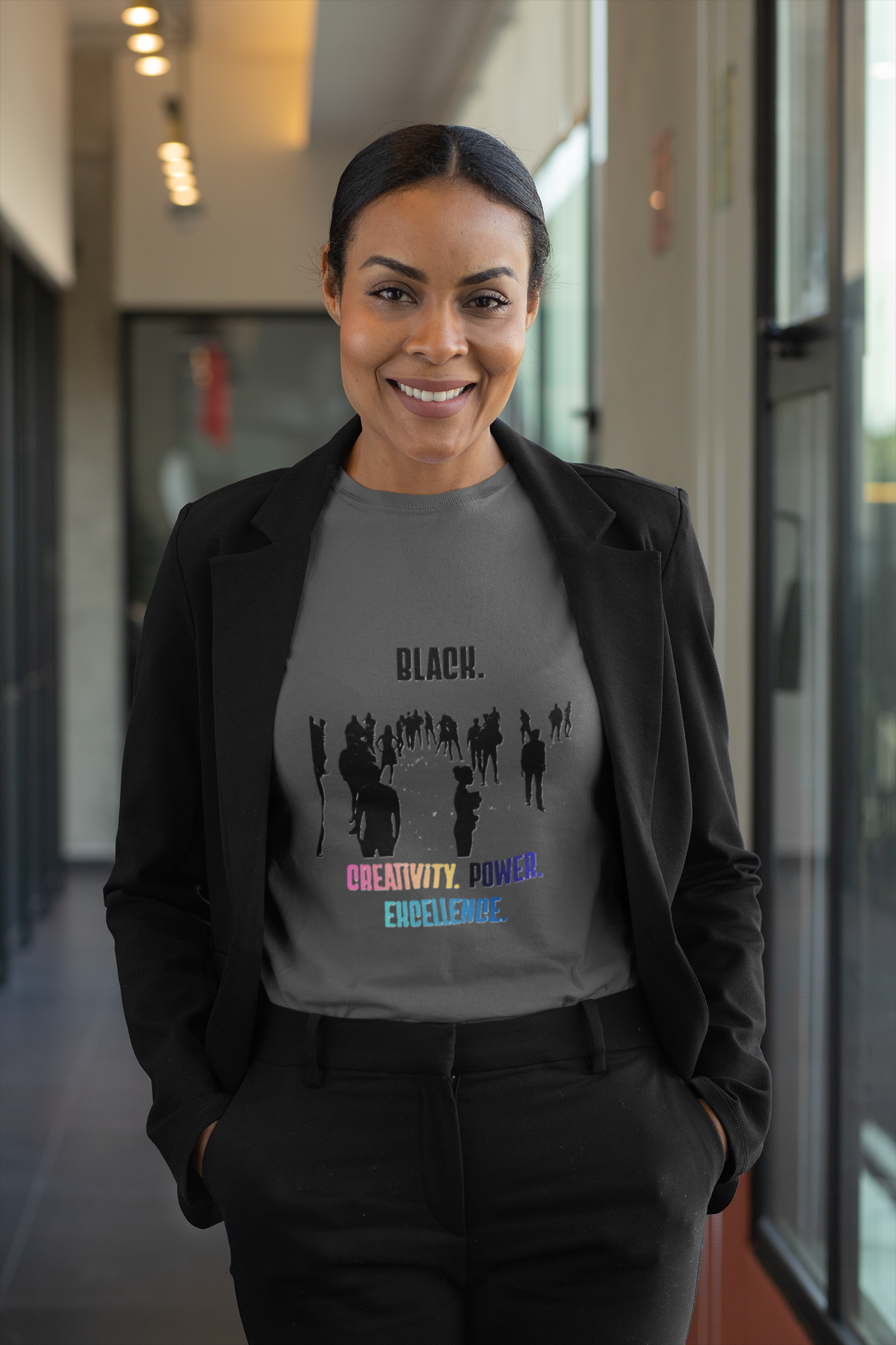 Ladies' Black. Creativity. Power. Excellence. Tee Multicolor text
