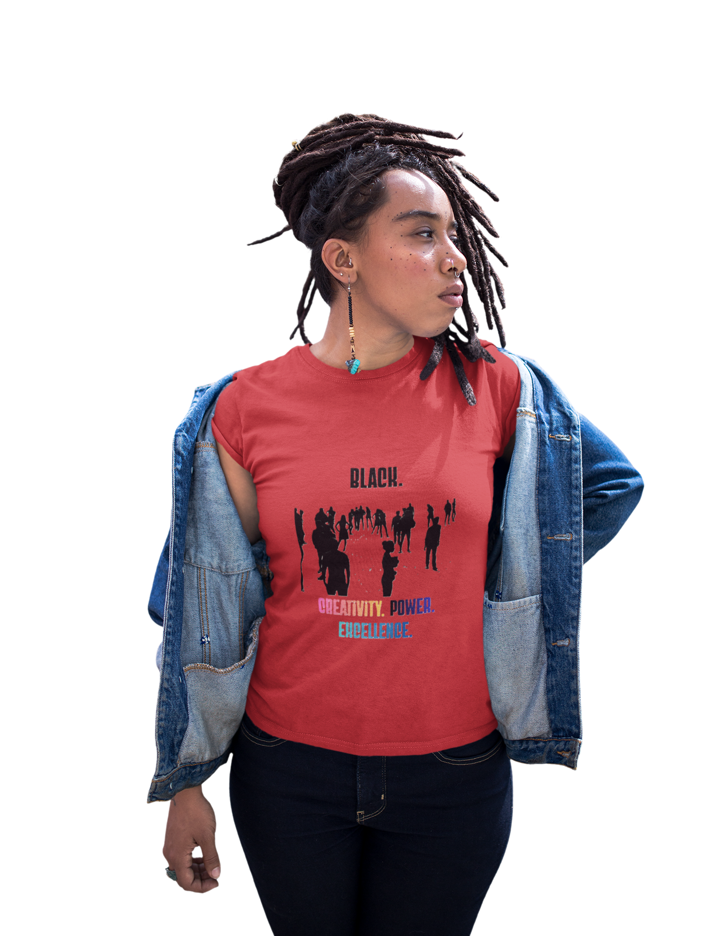Ladies' Black. Creativity. Power. Excellence. Tee Multicolor text