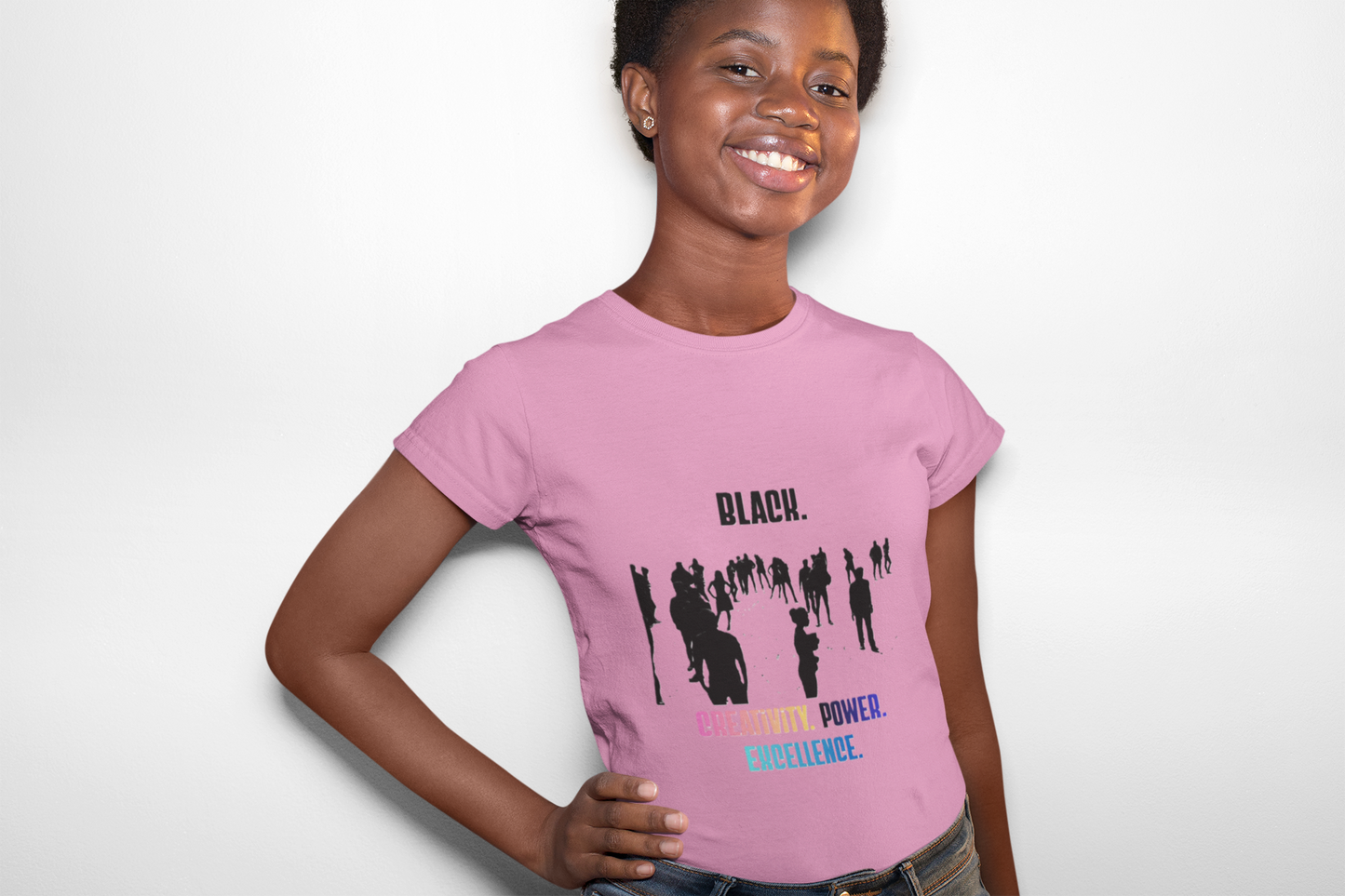 Ladies' Black. Creativity. Power. Excellence. Tee Multicolor text