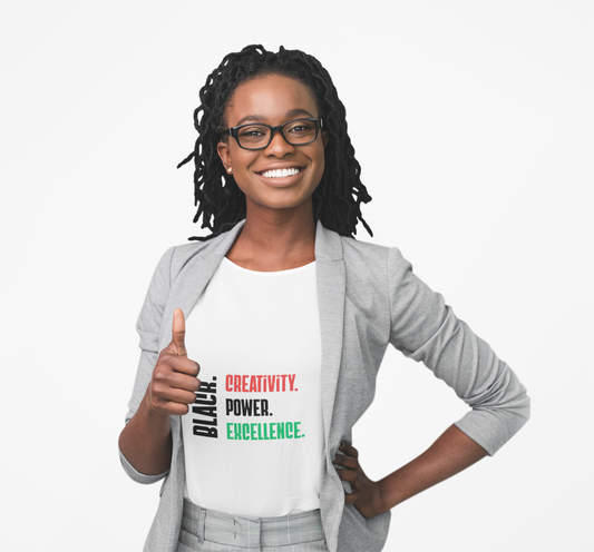 Ladies' text only Black. Creativity. Power. Excellence. Red, Black and Green Tee