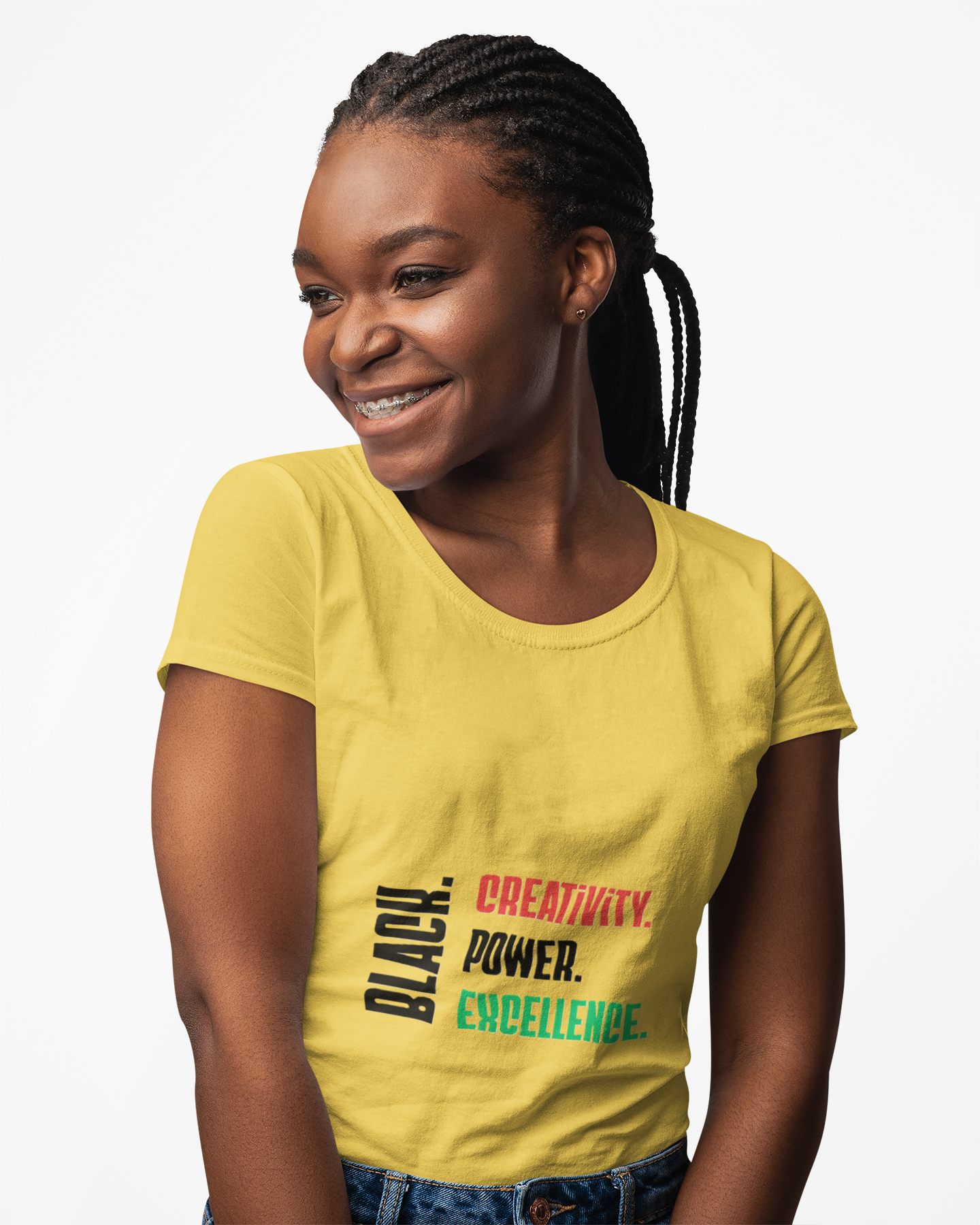 Ladies' text only Black. Creativity. Power. Excellence. Red, Black and Green Tee