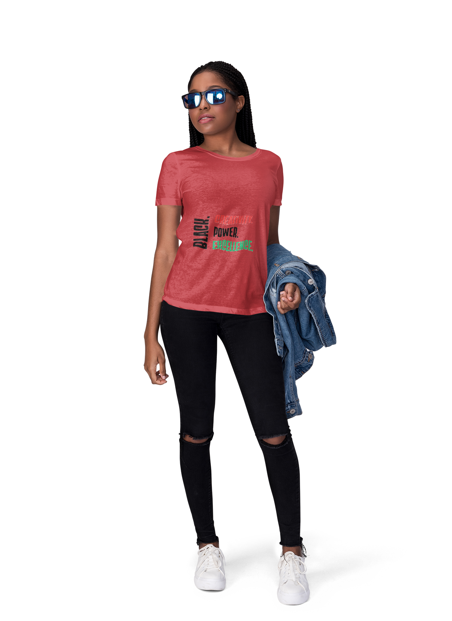 Ladies' text only Black. Creativity. Power. Excellence. Red, Black and Green Tee