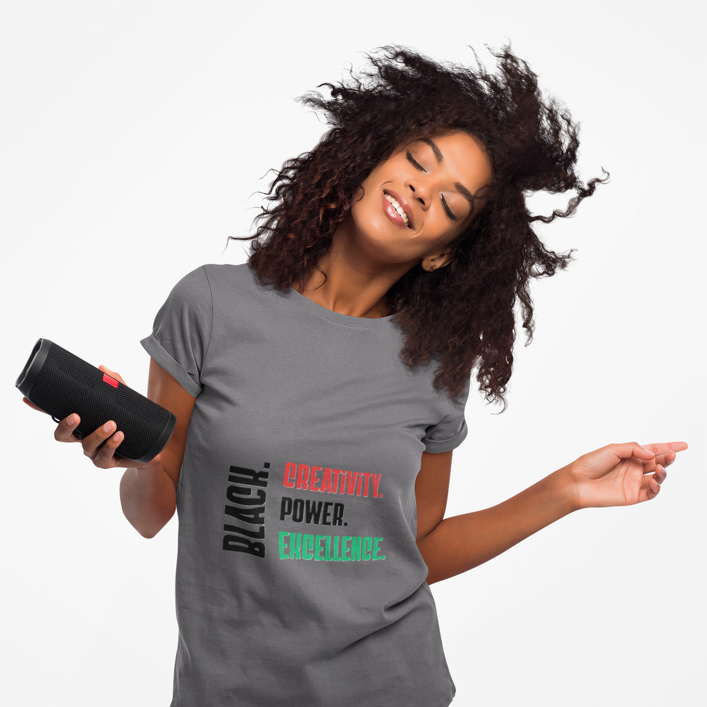 Ladies' text only Black. Creativity. Power. Excellence. Red, Black and Green Tee