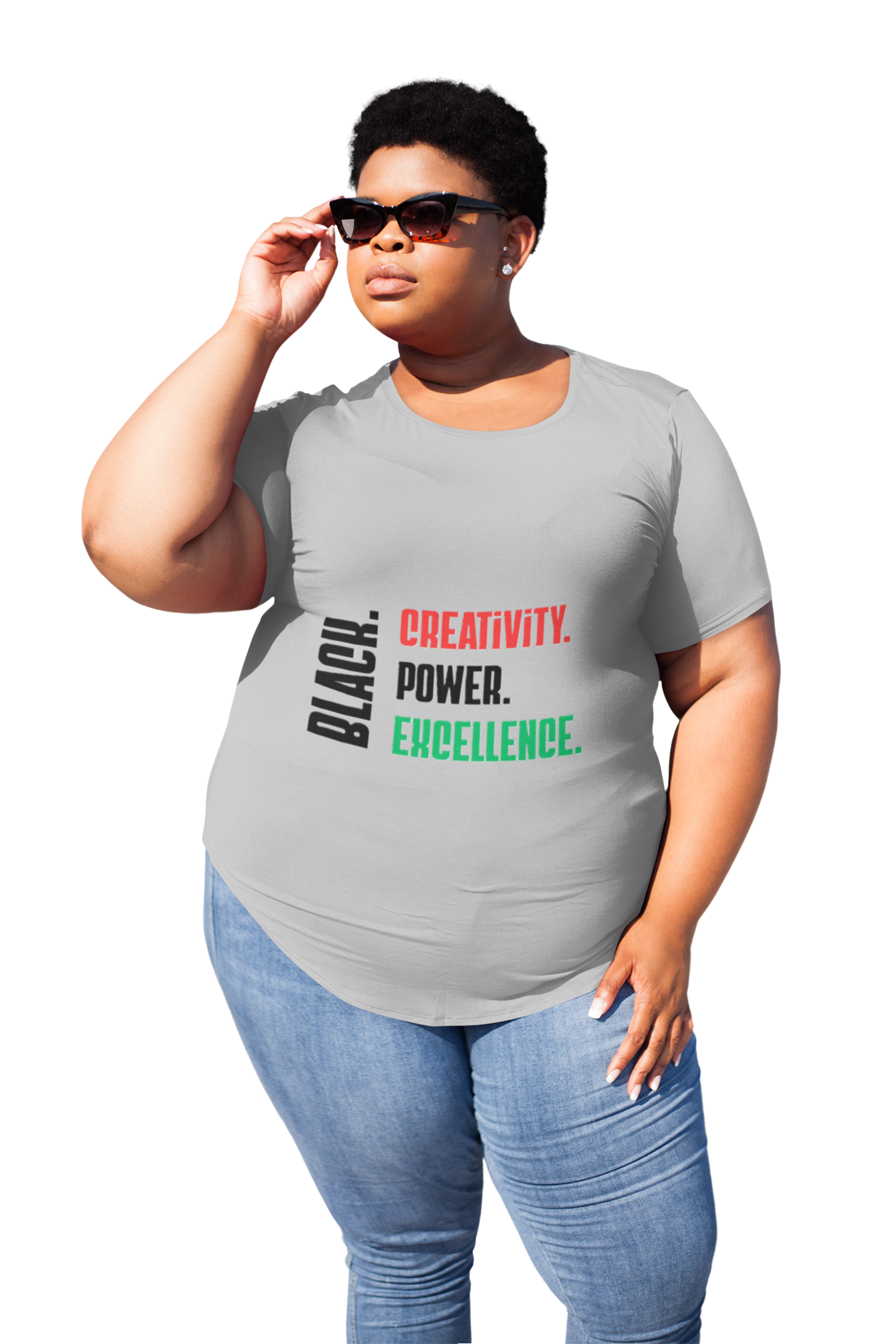 Ladies' text only Black. Creativity. Power. Excellence. Red, Black and Green Tee