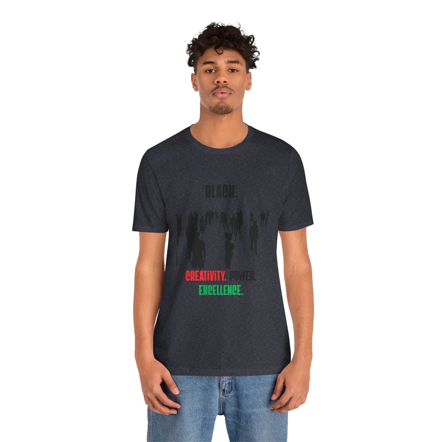 Unisex "Black. Creativity. Power. Excellence." T-Shirt Red, Black and Green text