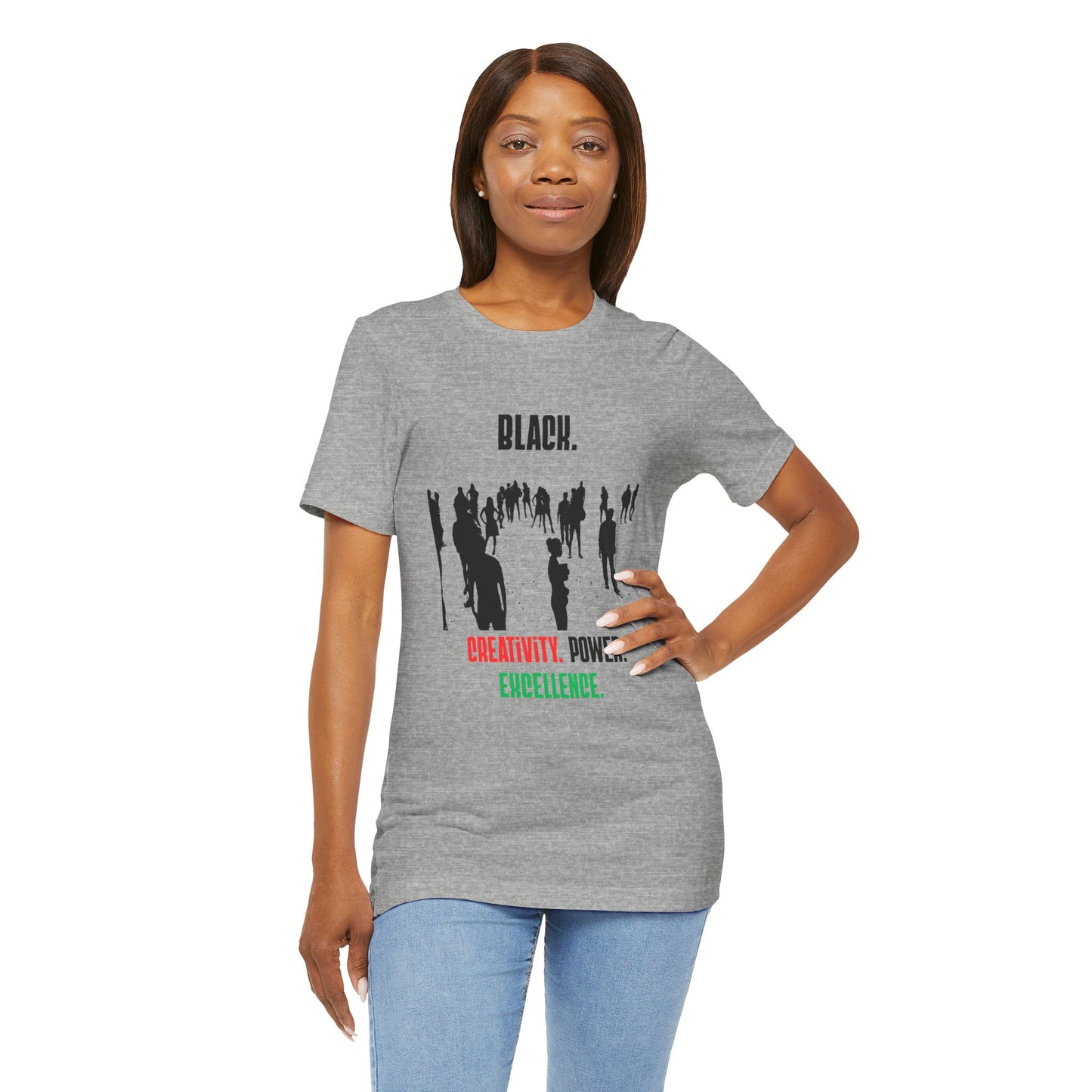 Unisex "Black. Creativity. Power. Excellence." T-Shirt Red, Black and Green text
